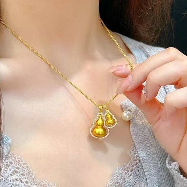 【Penny珮妮】沙金古法銅度黃金旋轉雙葫蘆疊戴鑲嵌項鍊吊墜(生日禮/母親節/交換禮物/情人節/送女友/毛衣鏈)