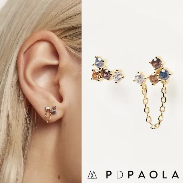 【PD PAOLA】西班牙時尚潮牌 五色彩寶 簡約垂墜式耳環 金色 FOX(925純銀鑲18K金)