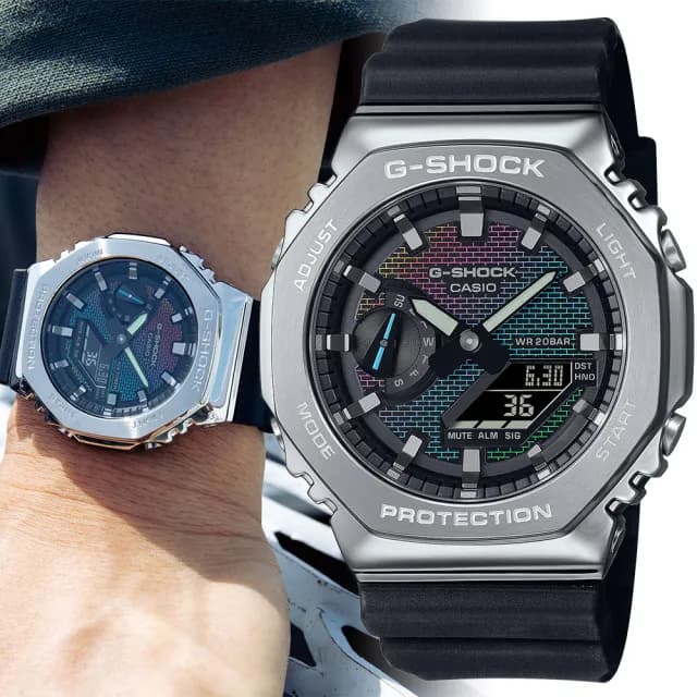 【CASIO 卡西歐】G-SHOCK 金屬八角防護彩虹磚牆漸層蒸鍍雙顯手錶 情人節 禮物(GM-2100RW-1A/速)