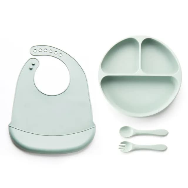 【愛寶貝】鉑金食品級矽膠兒童吸盤餐具套裝(寶寶 分隔餐盤 防滑防摔 嬰兒 輔食碗 叉 勺 圍兜 環保)