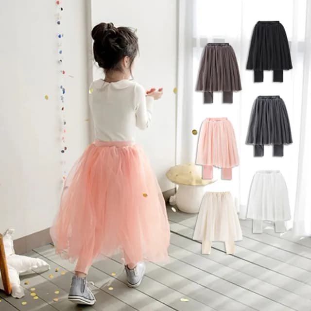 【橘魔法】素面百搭硬挺紗假兩件 內搭褲裙(長裙 內搭褲 長褲 褲子 褲裙 紗裙 大童 女童 童裝 兒童)