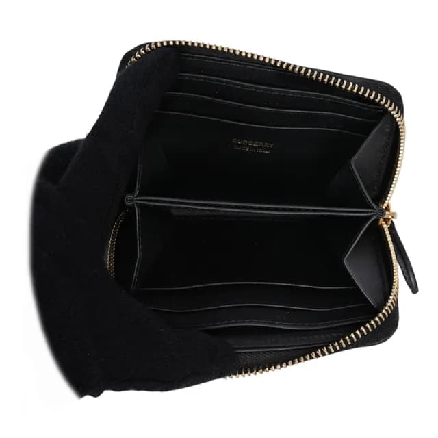 【BURBERRY 巴寶莉】金字Logo 粒紋牛皮ㄇ形拉鍊零錢包/卡夾包(黑色)