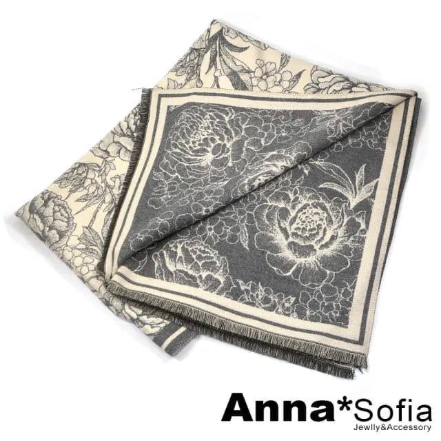 【AnnaSofia】仿羊絨大披肩圍巾-線繪牡丹雙面色 現貨(灰米系)