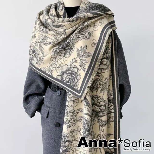 【AnnaSofia】仿羊絨大披肩圍巾-線繪牡丹雙面色 現貨(灰米系)