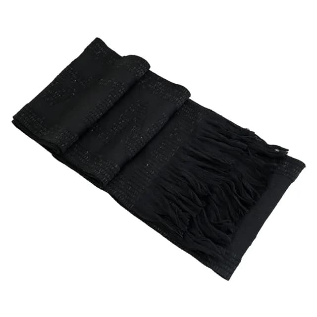 【YSL】簡約經典LOGO亮片羊毛蠶絲混紡針織保暖披肩長圍巾(黑)