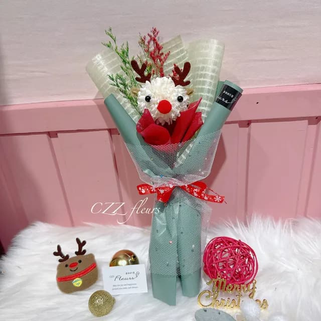 【喜滋滋花藝】可愛QQ球動物聖誕花束(交換禮物/聖誕禮物/生日禮物/耶誕節/聖誕卡片)