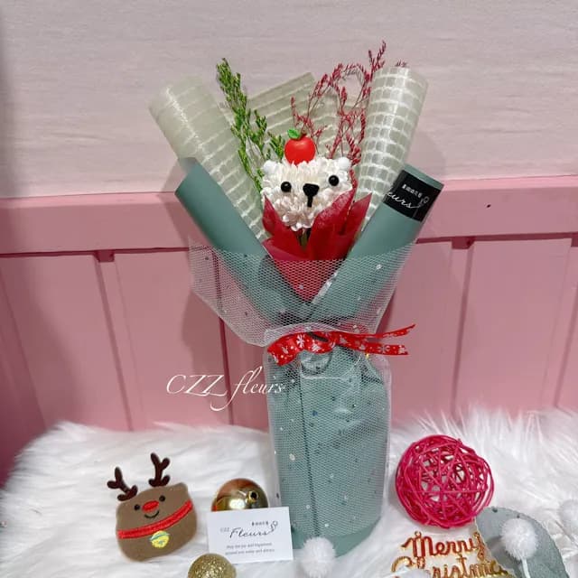 【喜滋滋花藝】可愛QQ球動物聖誕花束(交換禮物/聖誕禮物/生日禮物/耶誕節/聖誕卡片)