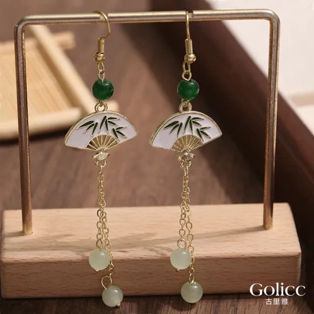 【Golicc】耳環 玉石流蘇扇 中式墜式(99購物限定 生日 飾品 耳釘 耳飾 耳墜 禮物)