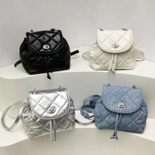 【LEEHER】情人節禮物 鍊條後背包/菱格背包/小香風/小背包/後背包/銀色包包/韓國包包/可愛包包/隨身小包/時