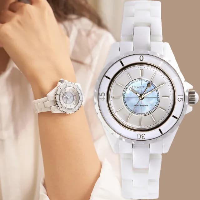 【Relax Time】奢華陶瓷光動能女錶-34mm 禮物 送禮 推薦(RT-107S-1)