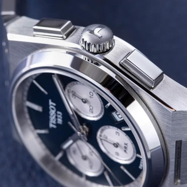 【TISSOT 天梭 官方授權】PRX系列 復古風酒桶型三眼計時機械錶-42mm/藍 熊貓錶 禮物(T1374271104100)