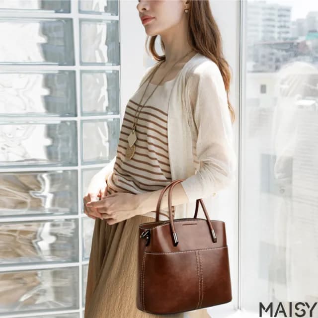 【MAISY】情人節禮物 油蠟皮質實用經典手提包 肩/側背包(棕色／黃色／黑色)