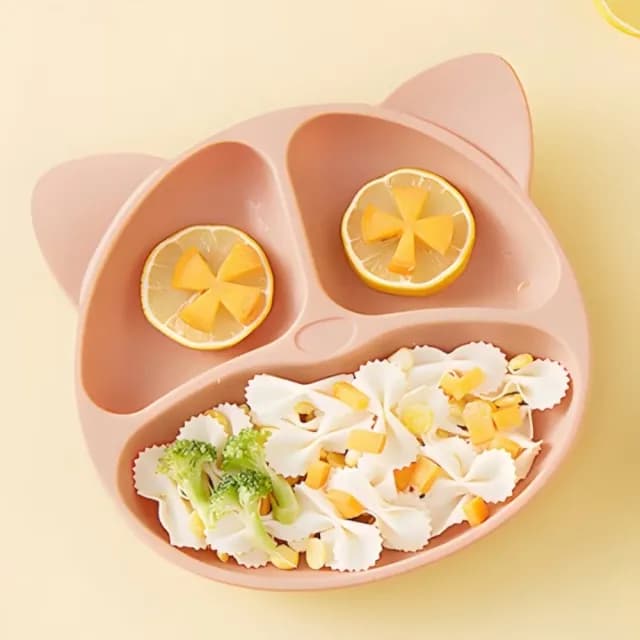 【寶寶餐具】貓咪造型一體式吸盤碗(食品級 矽膠 分隔餐盤 防滑 防摔 嬰兒輔食碗 環保餐具 學習碗)