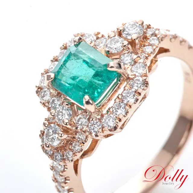 【DOLLY】1克拉 天然哥倫比亞祖母綠18K玫瑰金鑽石戒指-005(母親節 長輩送禮 交換禮物首選)