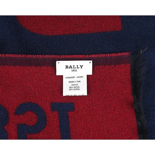 【BALLY】BALLY 經典字母標誌羊毛混紡圍巾(藍x紅)