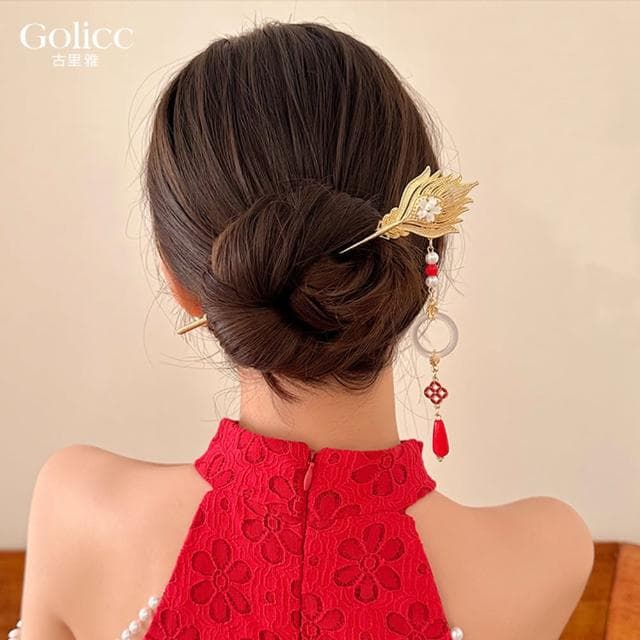 【Golicc】中式 鳳凰流蘇吊墜 古風婚慶髮簪(母親節 生日 情人節 髮飾 頭飾 婚禮 喜慶 禮物)