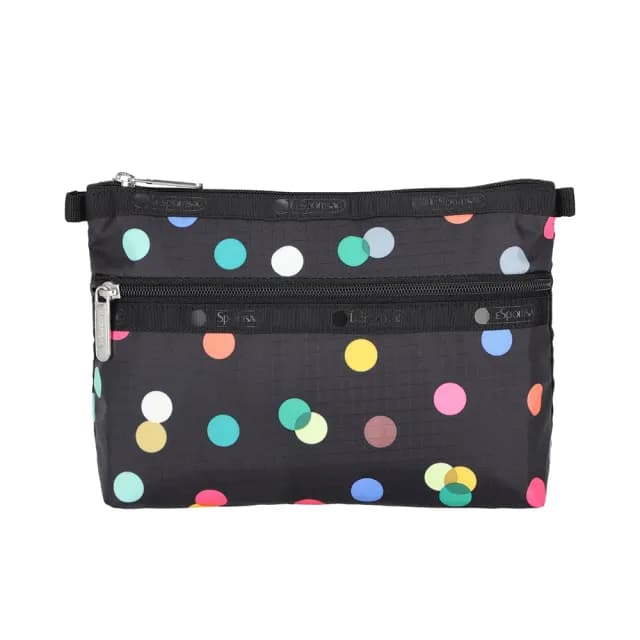 【Lesportsac】雙層拉鍊收納化妝包/ 圓點漂浮氣球 送禮 禮物(黑色)