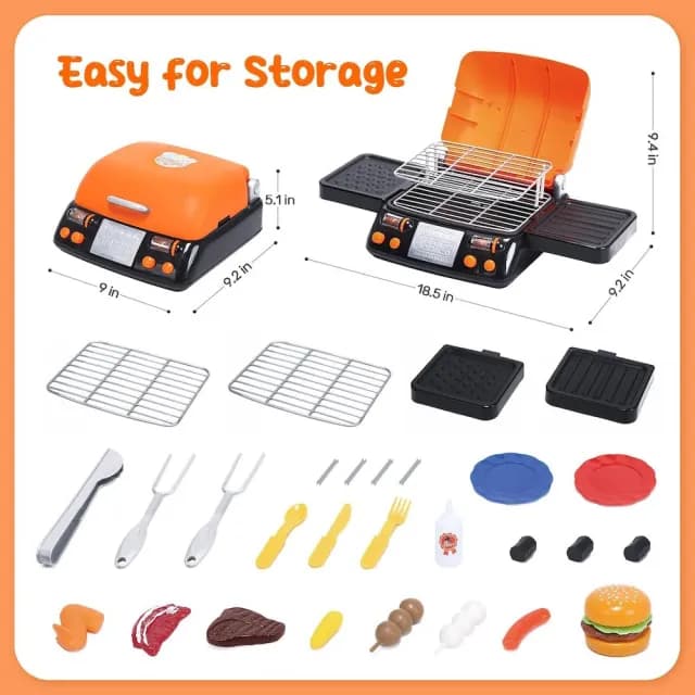 【CuteStone】兒童仿真聲光噴霧雙層烤肉鐵板燒與切切樂套裝玩具 29件組(女孩玩具 兒童廚房 生日玩具)