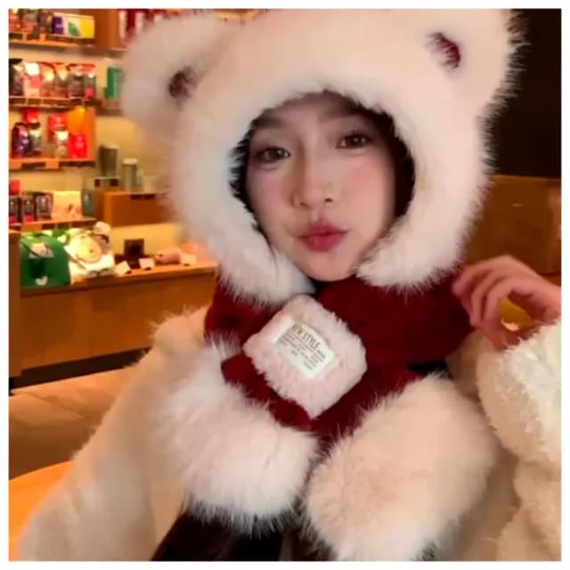 【HaNA 梨花】暖到爆又可可愛愛．安哥拉紅小熊一體毛帽圍巾一體式保暖護耳防風