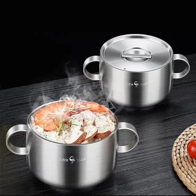 【PUSH!】餐具用品316L雙層不銹鋼碗 防燙兒童碗 吃飯碗帶手柄帶蓋碗(隔熱碗 E205)