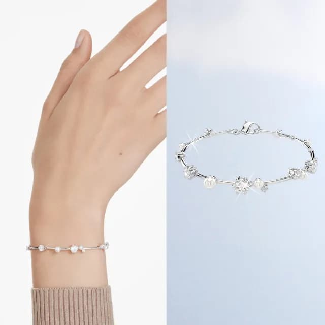 【SWAROVSKI 施華洛世奇】Constella Tennis 手鏈水晶珍珠圓形切割 白色 鍍白金色(情人節禮物)