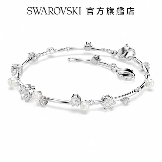 【SWAROVSKI 施華洛世奇】Constella Tennis 手鏈水晶珍珠圓形切割 白色 鍍白金色(情人節禮物)