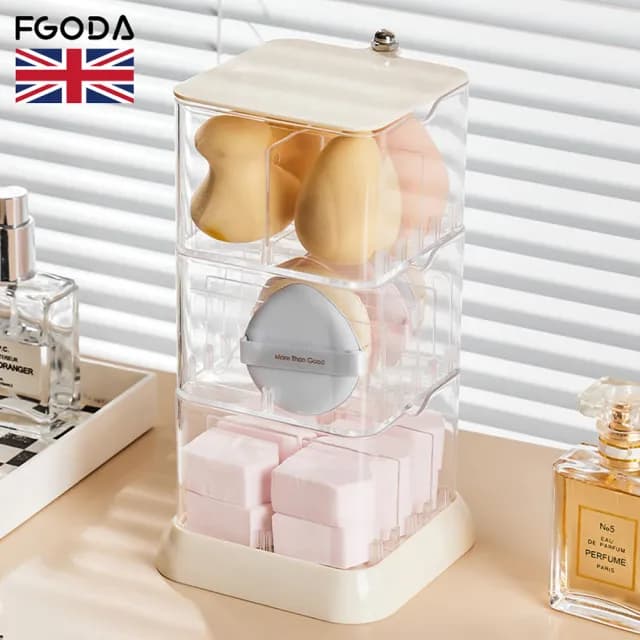 【英國FGODA】美妝蛋/粉撲/化妝海綿收納盒-三層(美妝收納盒/防塵美妝蛋盒/美妝保養品盒)