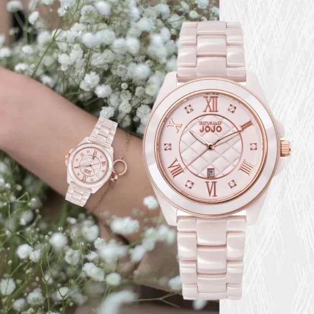 【NATURALLY JOJO】羅馬數字 菱格紋晶鑽 陶瓷腕錶-奶茶色 36mm(JO96995-13R)