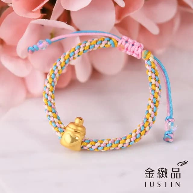 【金緻品】黃金兒禮 滿愛奶瓶 彩繩手鍊 0.33錢(寶寶金飾 彌月禮盒 純金串珠 串繩 新生兒 小孩手繩)