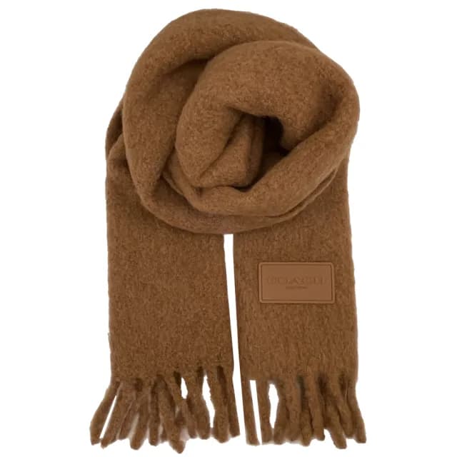 【COACH】新款方標LOGO雙面羊駝毛流蘇圍巾(棕色)