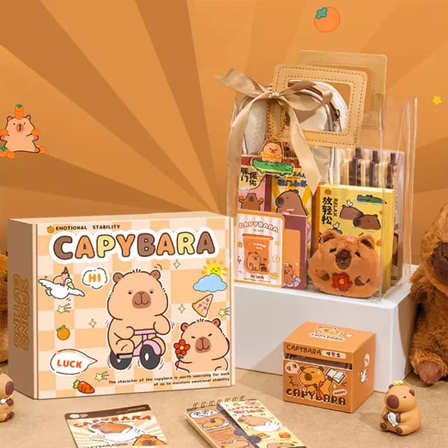 【Loga】卡皮巴拉文具套裝 兒童文具 記事本 大容量筆袋 修正帶 計算機 可抽拉便簽 開學禮物 生日禮物