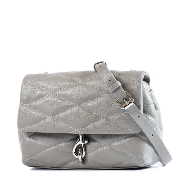 【Rebecca minkoff】Edie 彈簧釦真皮絎縫菱格磁釦翻蓋斜背包-灰色/小