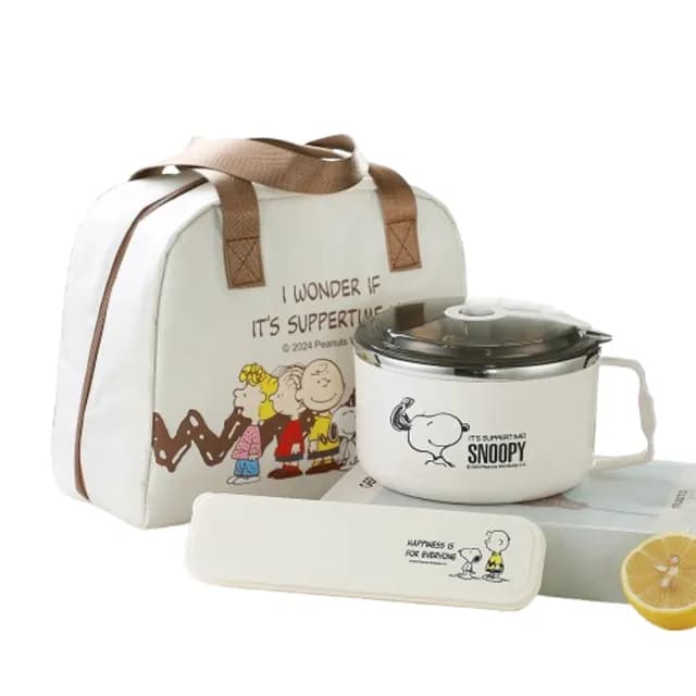 【優貝選】SNOOPY 史努比大容量多用途不鏽鋼快餐碗+餐具+便當袋套組(平輸品)