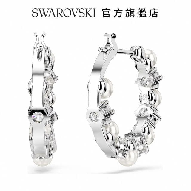 【SWAROVSKI 官方直營】Matrix 水滴形耳環水晶珍珠 圓形切割 白色 鍍白金色(情人節禮物 交換禮物)
