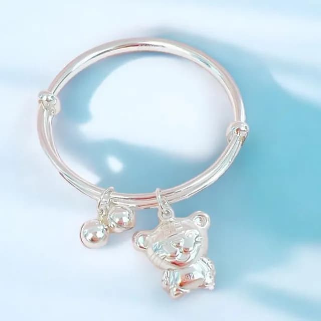 【珠兒綠】999純銀 生肖笑笑虎兒童搖鈴手鐲 兒童禮物 開運 純銀手鐲 純銀手鍊 彌月禮物(附高級禮盒禮袋)