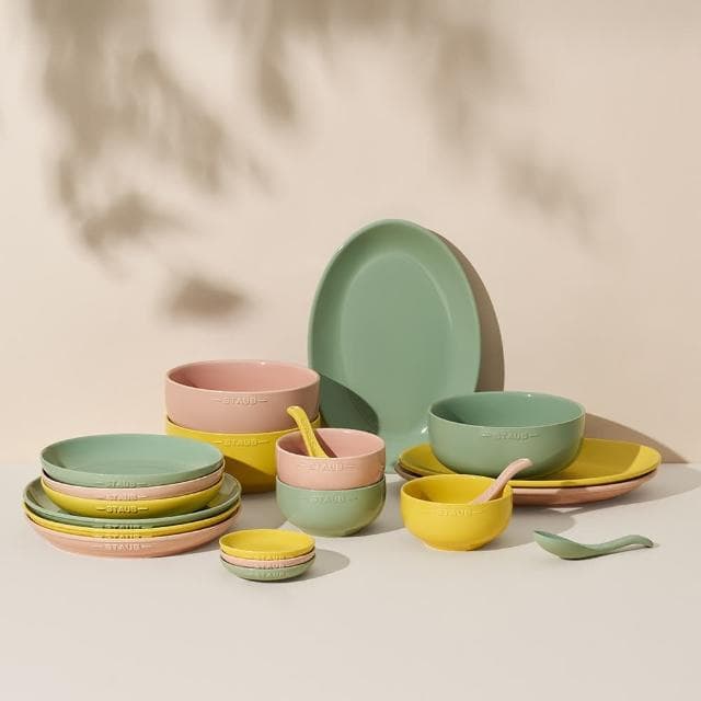 【法國Staub】自然秘境陶瓷餐碗盤餐具10件組-豆沙粉/莫蘭迪綠/檸檬黃3色任選(德國雙人牌集團官方直營)
