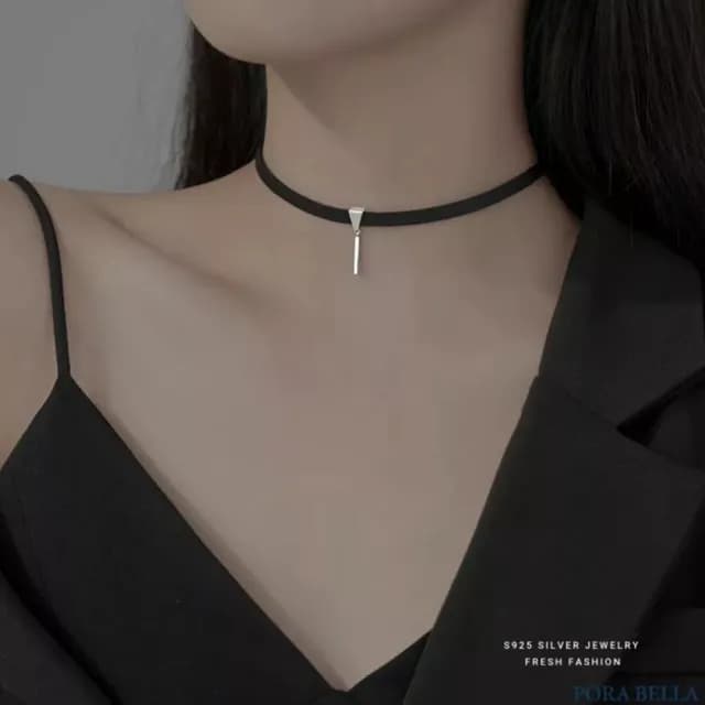 【Porabella】925銀鋯石項鍊 黑色皮繩項圈 choker鎖骨鏈 脖頸鍊頸帶 小眾個性風ins Necklace