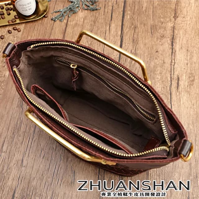 【ZHUANSHAN】情人節禮物 真皮 手工編織水洗植揉牛皮手提包 肩背包(真皮包包 咖啡色／棕色／墨綠色／紅色)