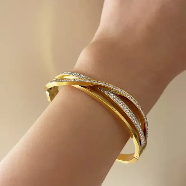 【CReAM】Twila閃耀奢華亮鑽水鑽交錯金銀色玫瑰金色女手環手鐲(生日 禮物 送禮 禮盒)