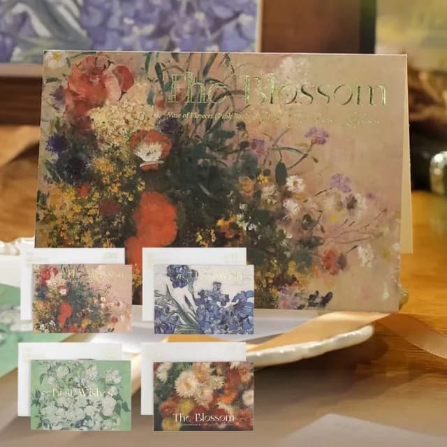 【花卉印象】油畫燙金卡片4件入-附信封(商務賀卡 祝福卡 婚禮小卡 生日賀卡 留言 明信片 畢業 美術)