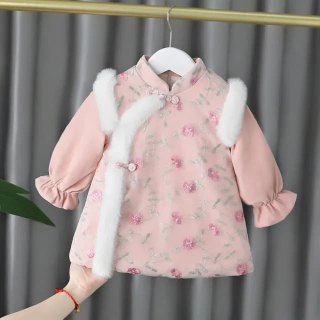 【橘魔法】花草刺繡毛邊長版上衣(洋裝 中國風 旗袍裝 過年 喜宴 唐裝 新年 新衣 拜年服 女童 童裝 兒童)