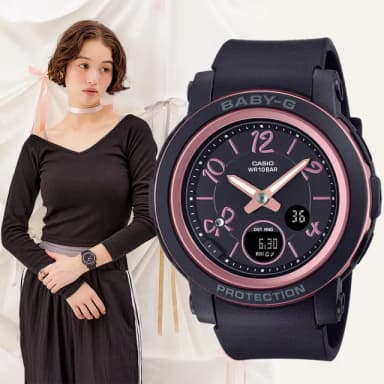 【CASIO 卡西歐】BABY-G 可愛緞帶雙顯女錶-黑x粉色 送禮 禮物 推薦(BGA-290RA-1A)