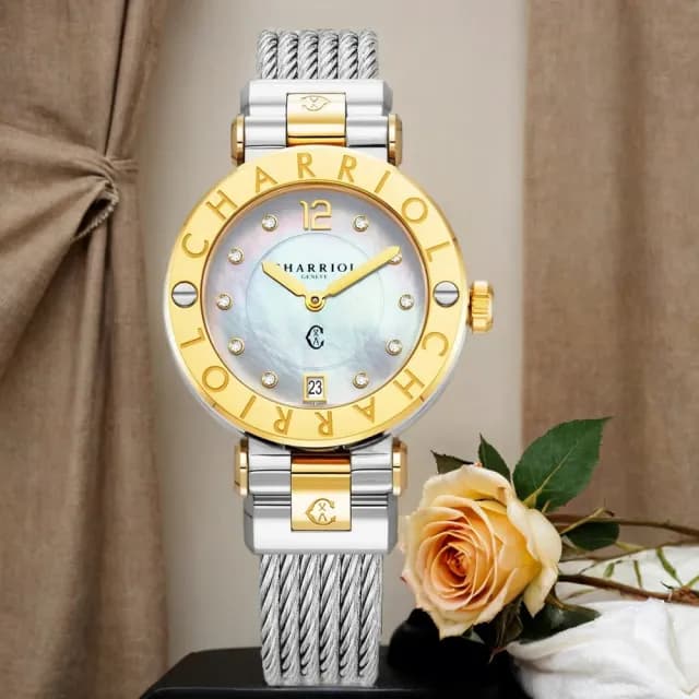 【CHARRIOL 夏利豪】St-Tropez 鑽石鋼索手錶 女錶-36mm 禮物 送禮(CR36SY.590.003)