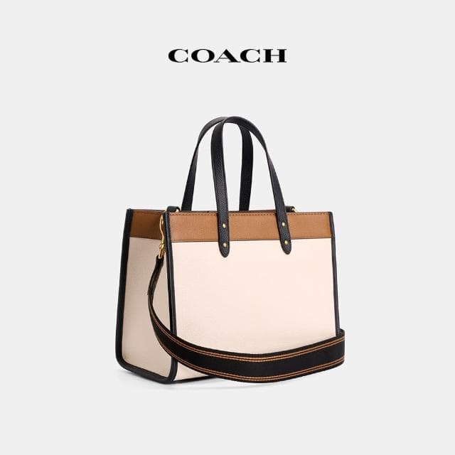 【COACH】蔻馳官方直營 FIELD COACH徽章撞色30號托特手袋-B4/粉筆白色 混合色(CZ335)