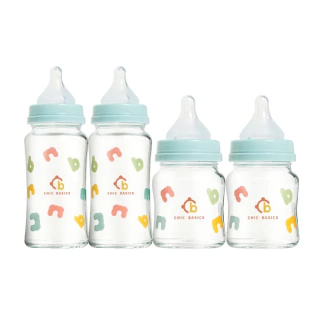 【奇哥官方旗艦】CHIC BASICS耐熱硼矽玻璃寬口奶瓶(240ml x2 + 120ml x2)