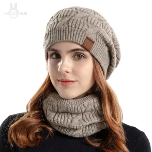 【WOONUE】秋冬專櫃發熱內裡加絨美麗諾羊毛混紡毛帽+圍脖圍巾(朋友女友情人母親媽媽奶奶新年生日禮物)