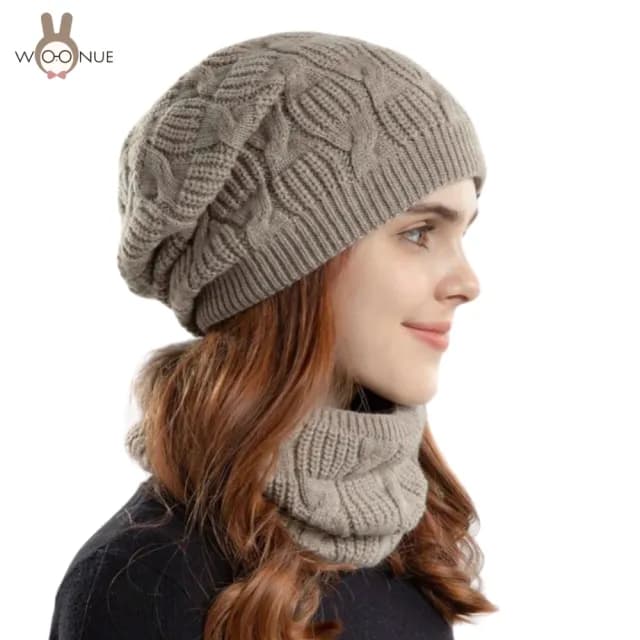 【WOONUE】秋冬專櫃發熱內裡加絨美麗諾羊毛混紡毛帽+圍脖圍巾(朋友女友情人母親媽媽奶奶新年生日禮物)