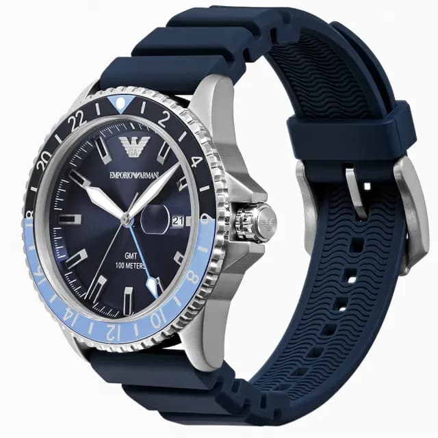 【EMPORIO ARMANI】亞曼尼 Diver 天空藍撞色GMT手錶-42mm 禮物 送禮 推薦(AR11592)