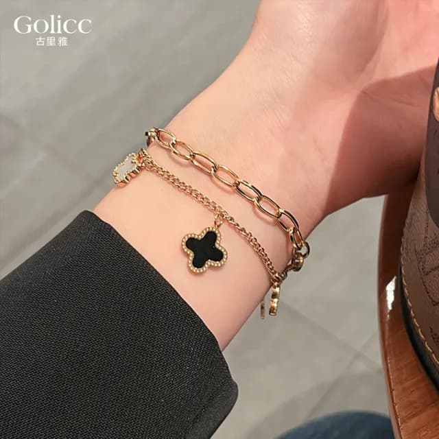 【Gulicc】鈦鋼 四葉草 輕奢 雙層手鍊(雙11 聖誕節 生日 手環 手繩 首飾 飾品 禮物)