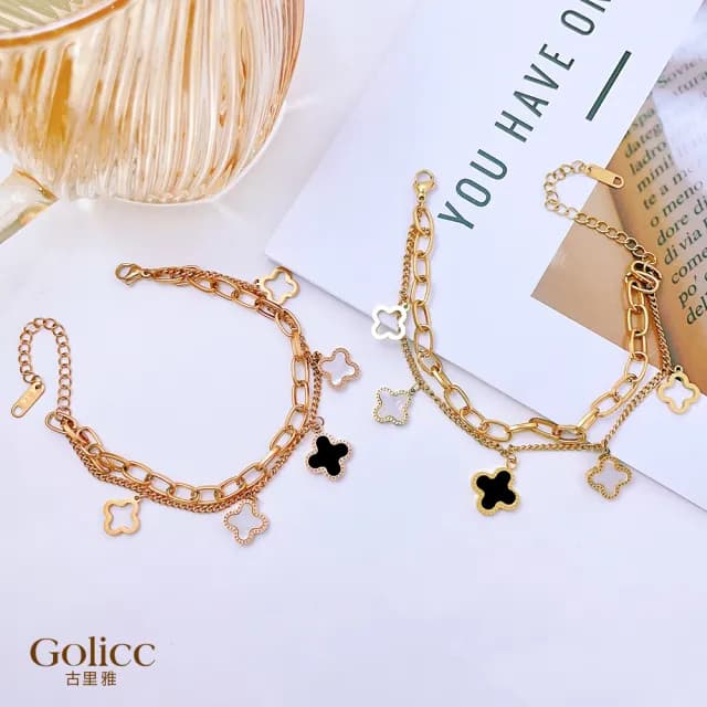 【Gulicc】鈦鋼 四葉草 輕奢 雙層手鍊(雙11 聖誕節 生日 手環 手繩 首飾 飾品 禮物)